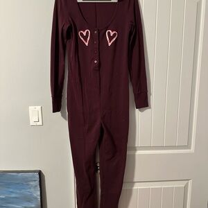PINK Victoria's Secret Maroon Heart Button-Up Pajama Onesie